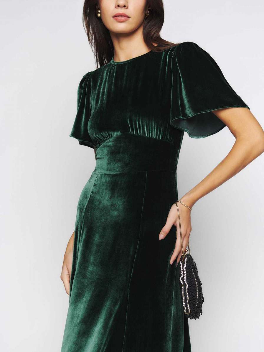 Women's Reformation Quinne Velvet Dress Black Green | USA-276308