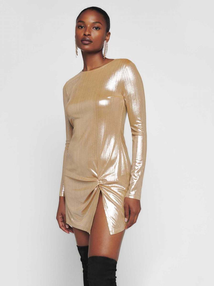 Women's Reformation Roxbury Knit Dress Gold Metal | USA-612534