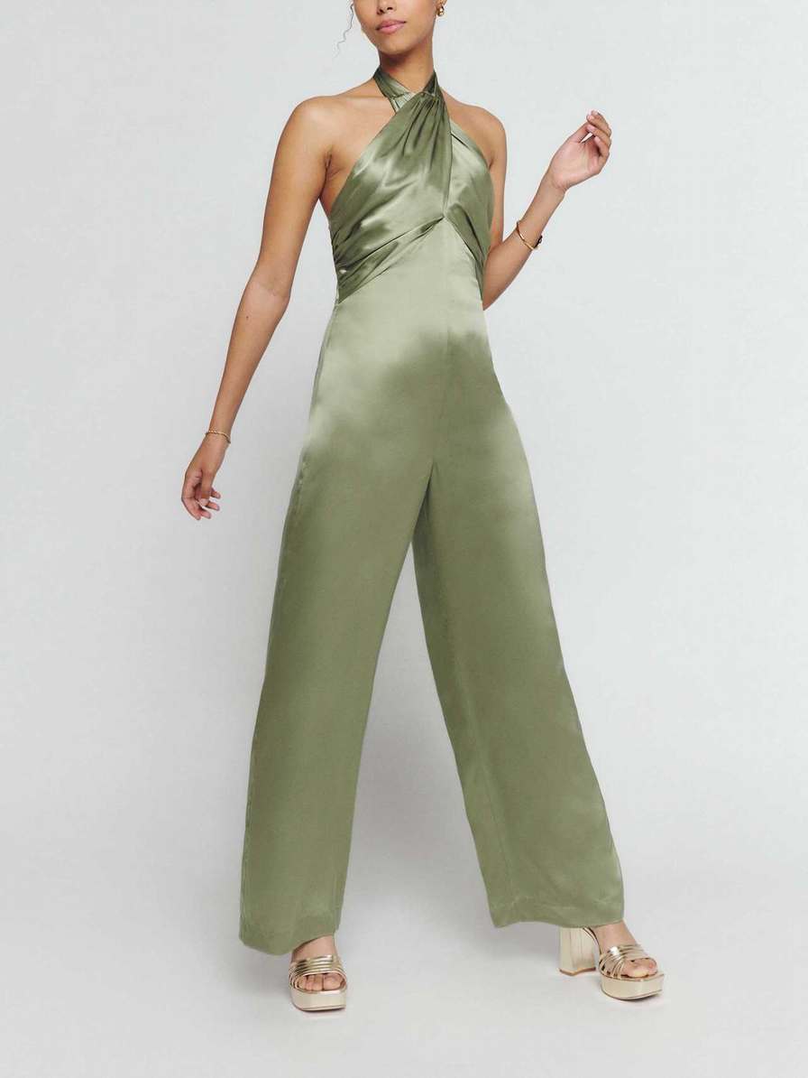 Women's Reformation Sasha Silk Jumpsuit Dark Green | USA-106583