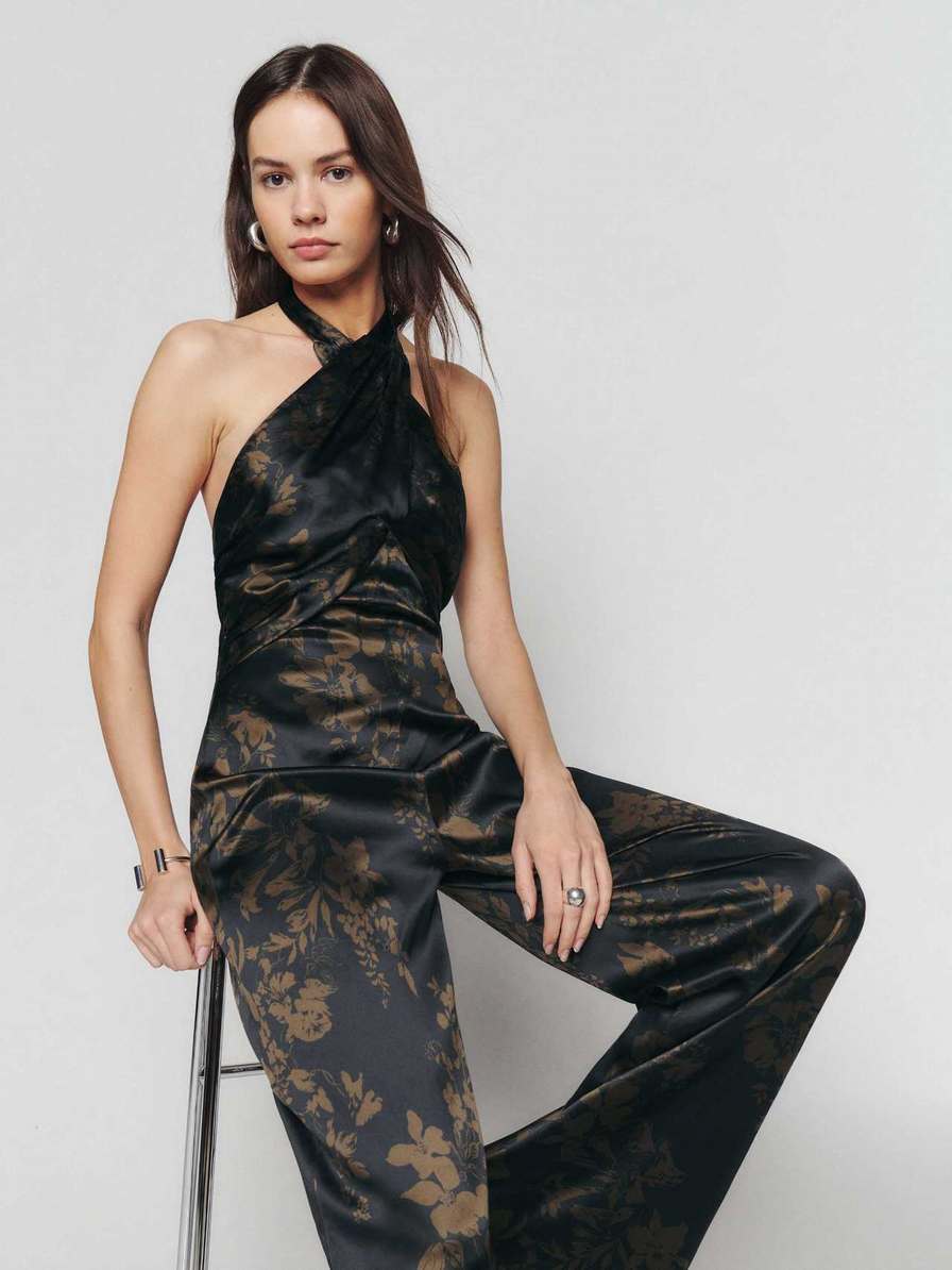 Women's Reformation Sasha Silk Jumpsuit Night Garden | USA-268017