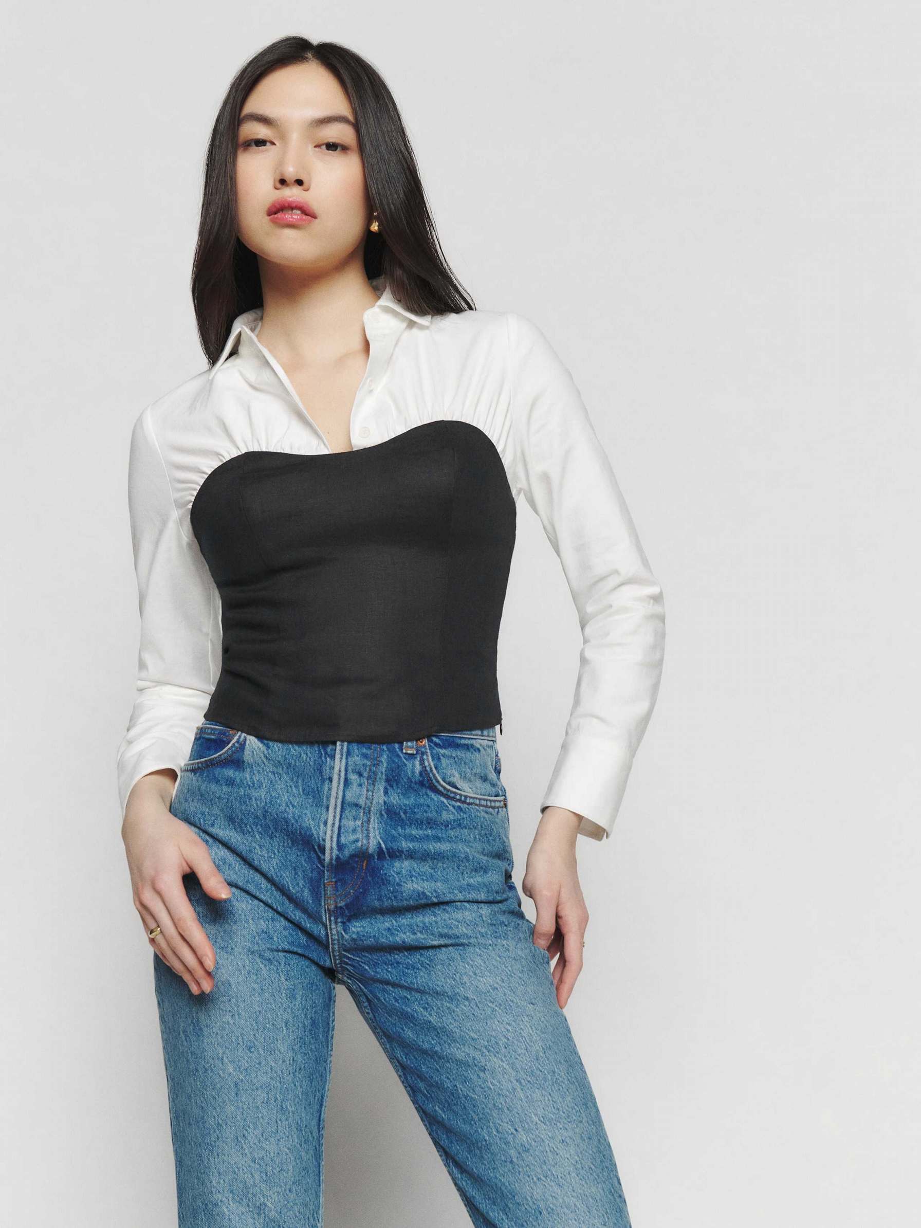 Women's Reformation Sian Linen Tops Black White | USA-087632