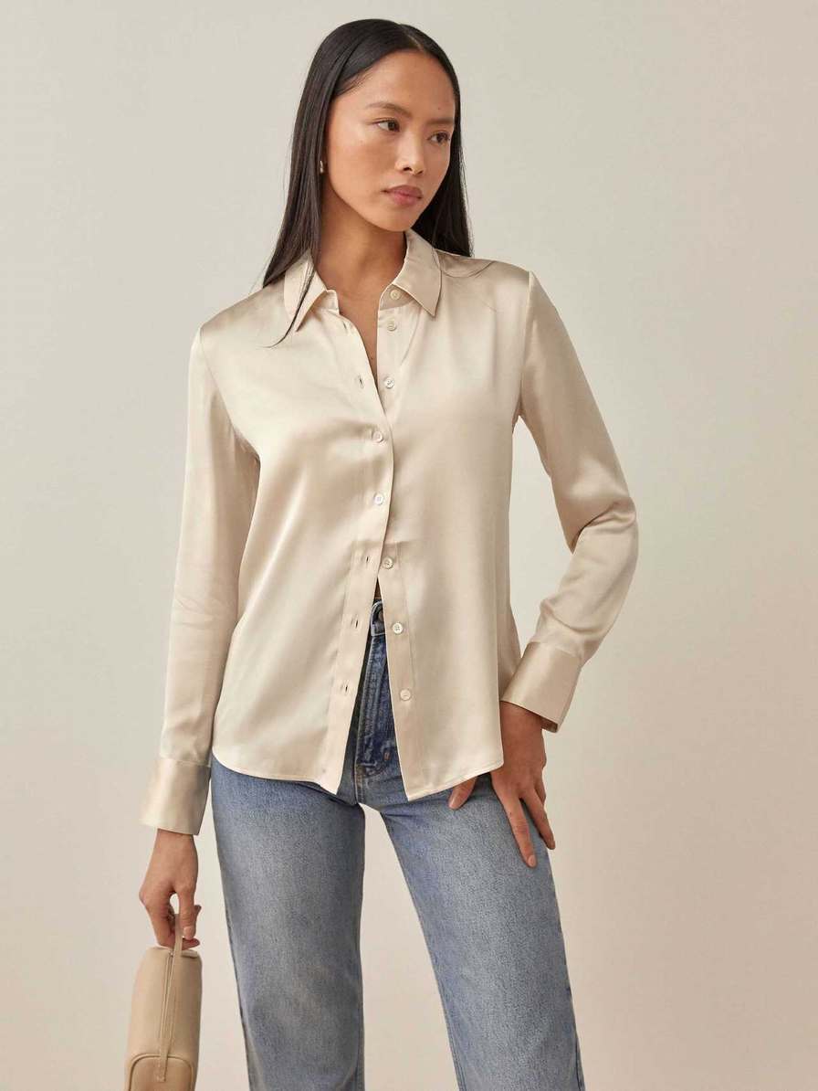 Women's Reformation Sky Relaxed Silk Tops White | USA-248706