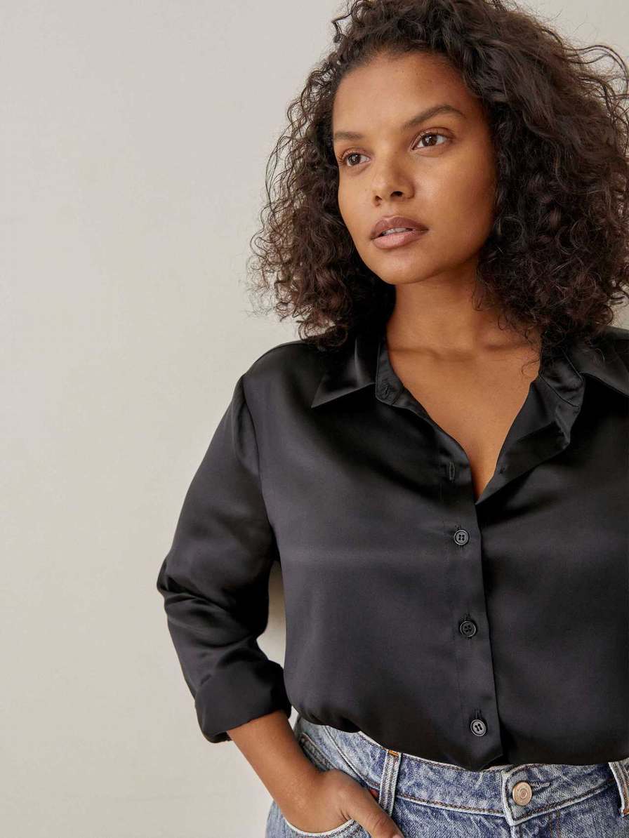 Women's Reformation Sky Relaxed Silk Tops Black | USA-407218