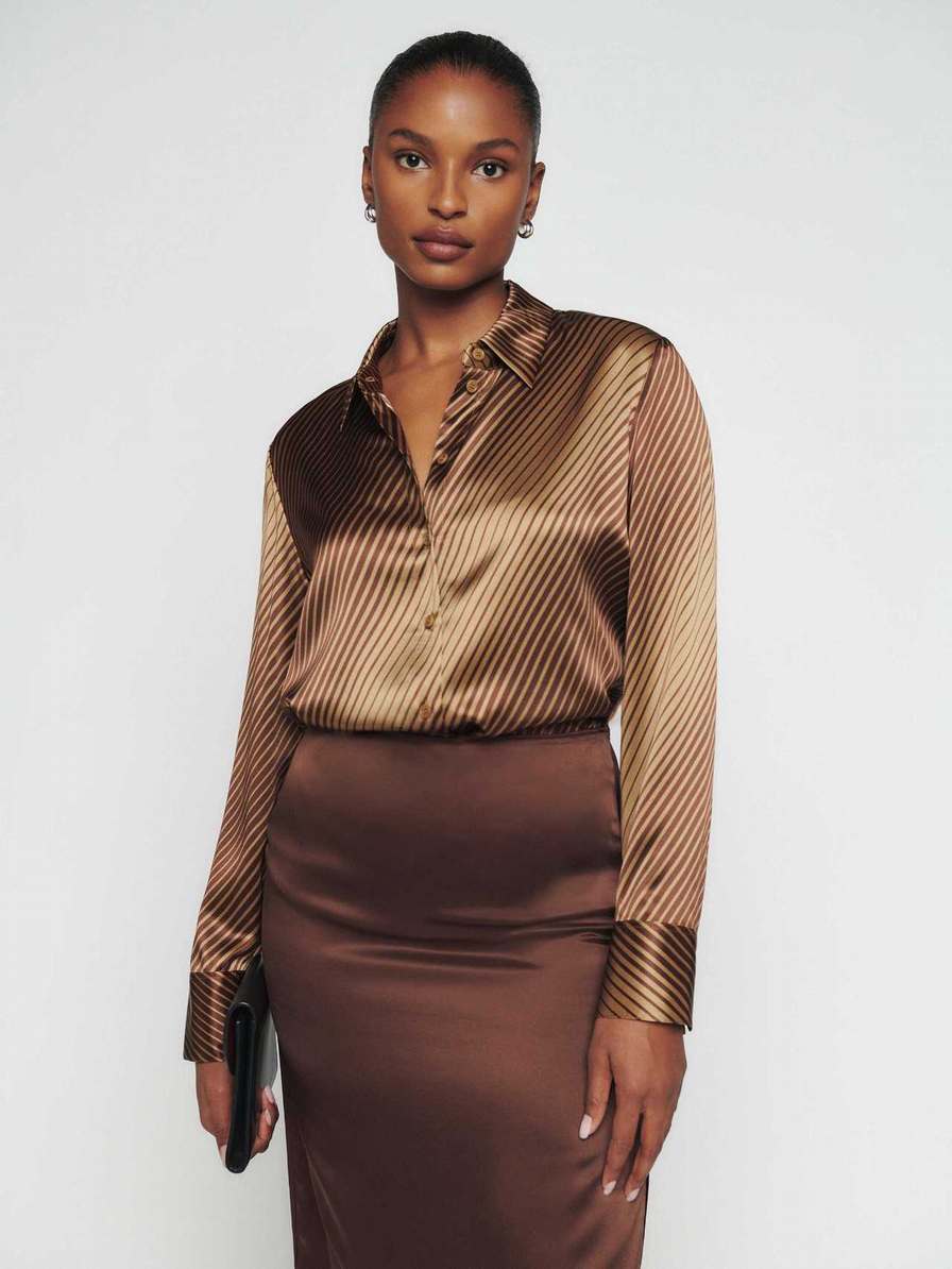 Women's Reformation Sky Relaxed Silk Tops Brown | USA-4126705