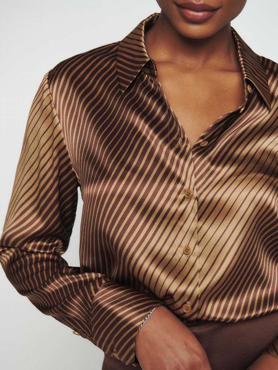 Women's Reformation Sky Relaxed Silk Tops Brown | USA-4126705