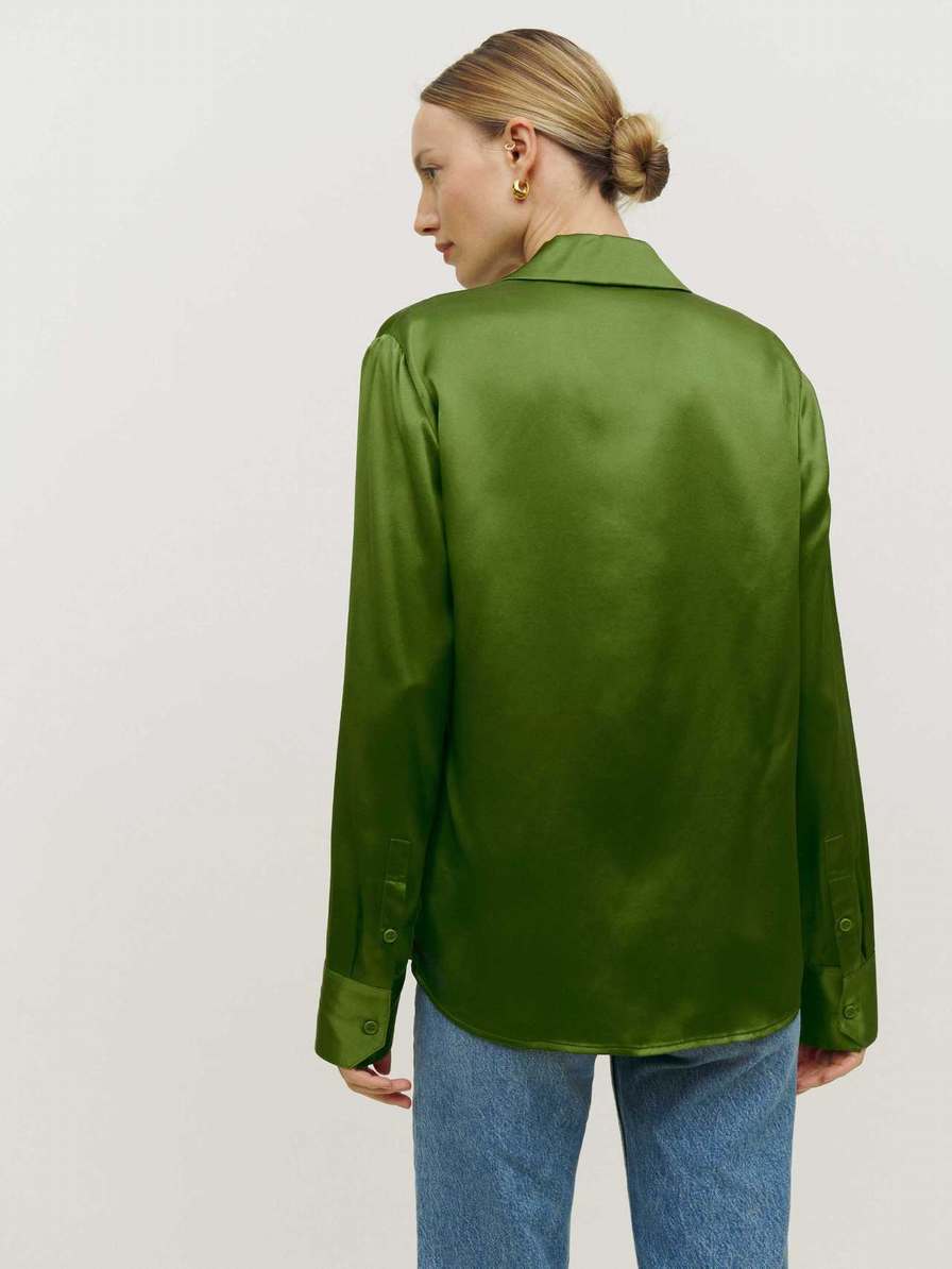 Women's Reformation Sky Relaxed Silk Tops Green | USA-840563