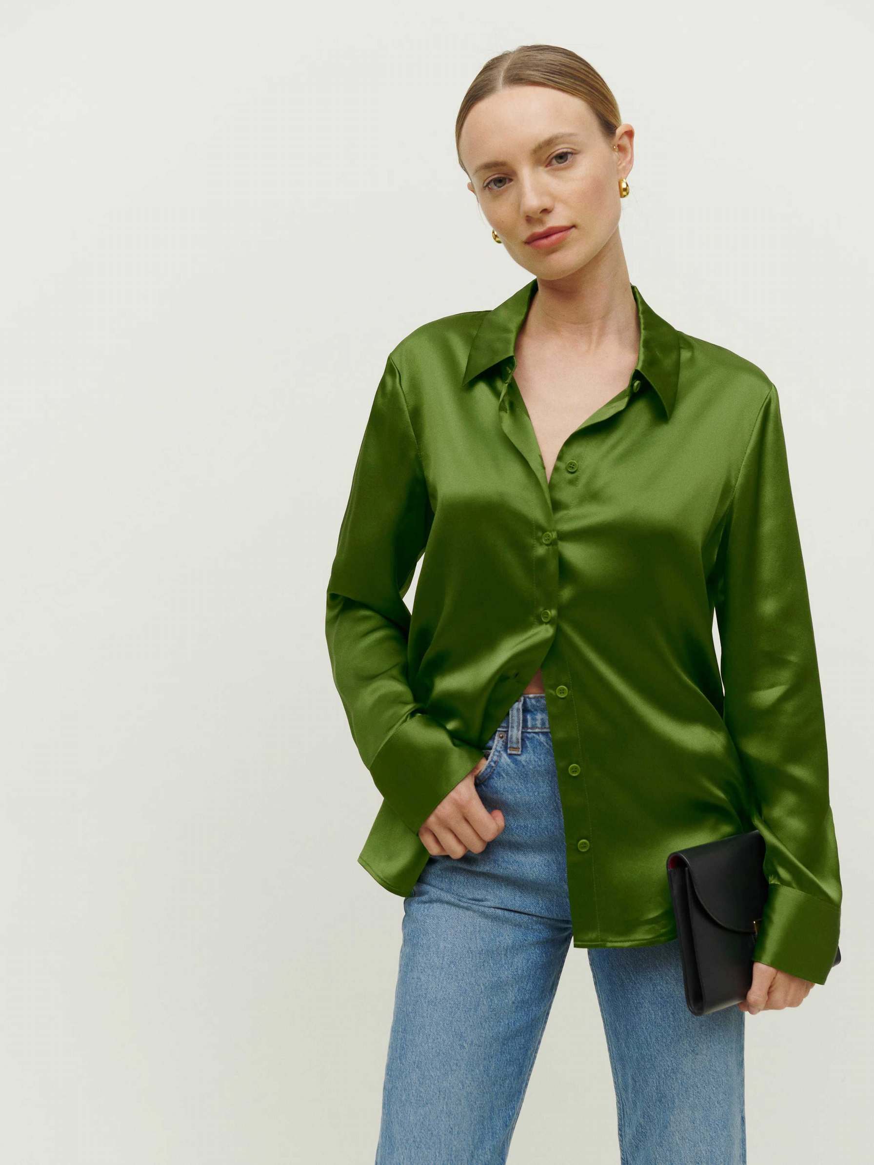 Women's Reformation Sky Relaxed Silk Tops Green | USA-840563