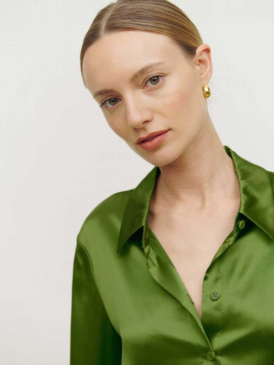 Women's Reformation Sky Relaxed Silk Tops Green | USA-840563