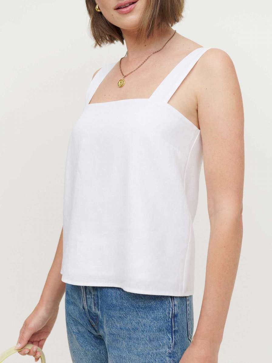 Women's Reformation Suzie Linen Tops White | USA-1326840