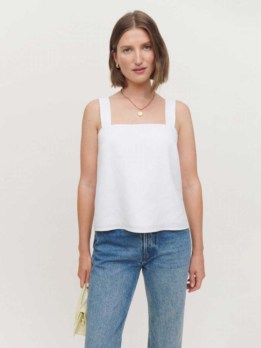 Women\'s Reformation Suzie Linen Tops White | USA-1326840