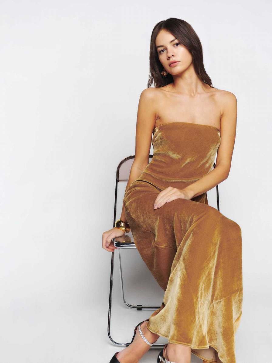 Women's Reformation Sylvania Velvet Dress Gold | USA-6475013