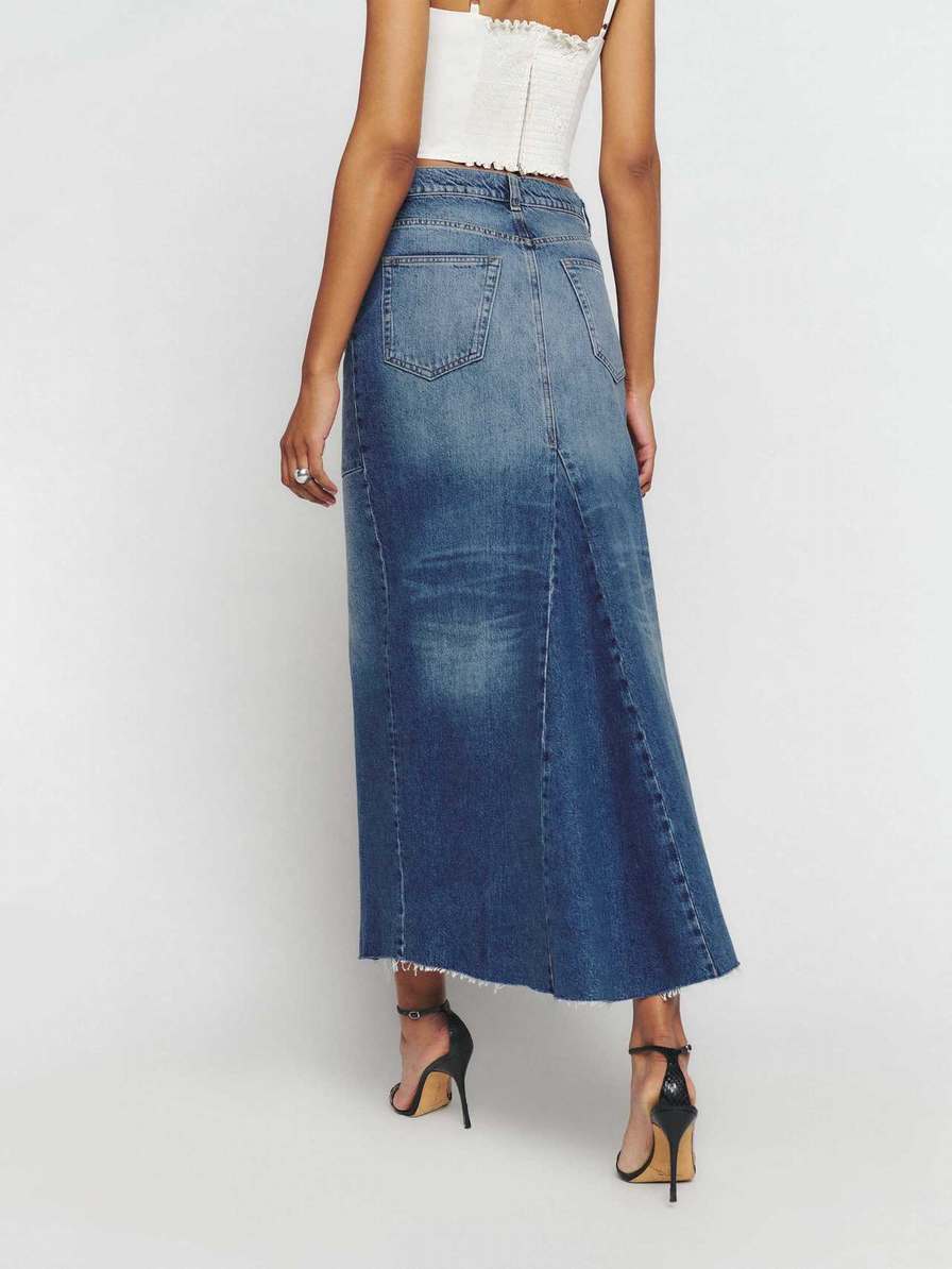 Women's Reformation Tazz Maxi Denim Skirts Blue | USA-7813652