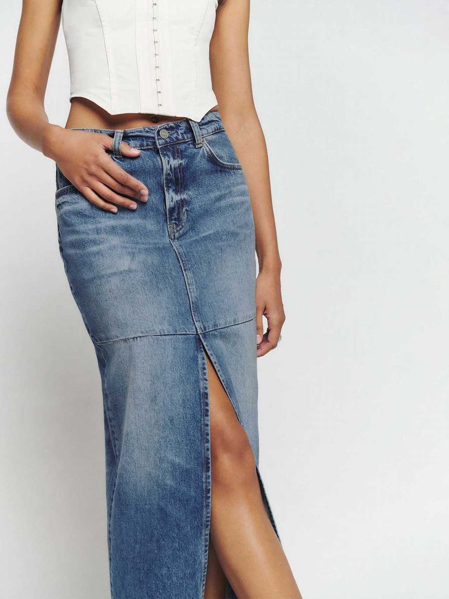 Women's Reformation Tazz Maxi Denim Skirts Blue | USA-7813652