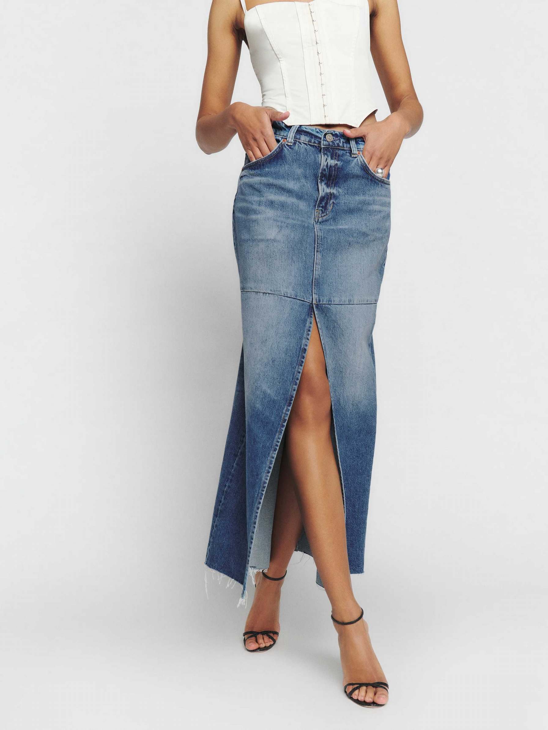 Women\'s Reformation Tazz Maxi Denim Skirts Blue | USA-7813652