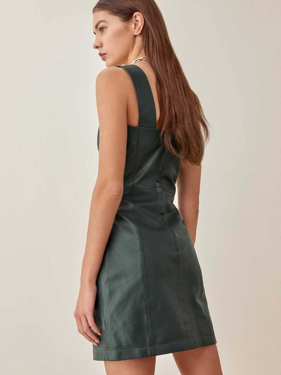 Women's Reformation Veda Austin Leather Mini Dress Green | USA-8574013