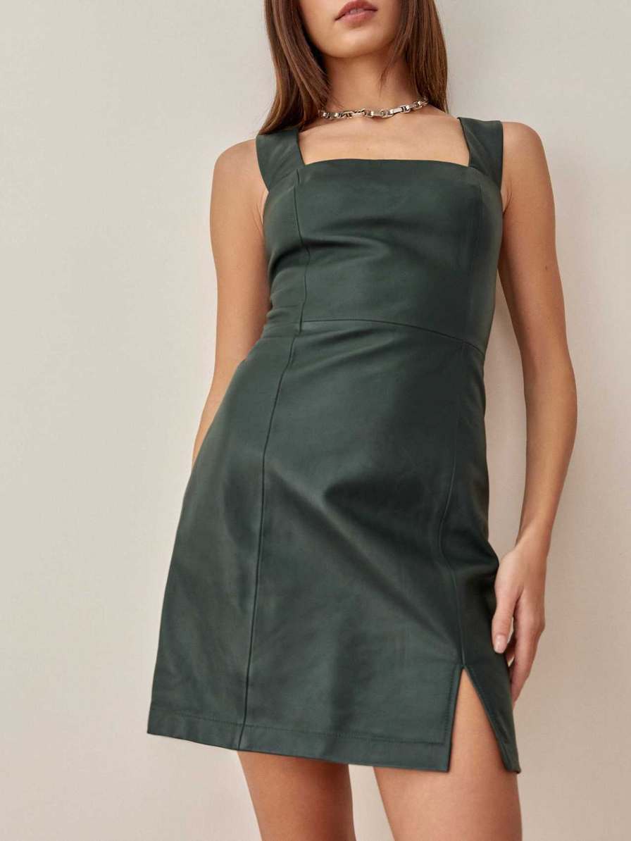 Women's Reformation Veda Austin Leather Mini Dress Green | USA-8574013