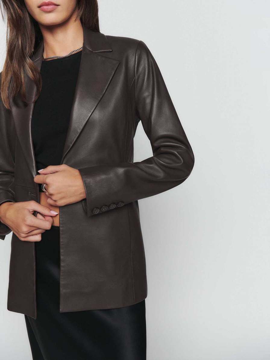 Women's Reformation Veda Bowery Leather Blazers Chocolate Brown | USA-180273