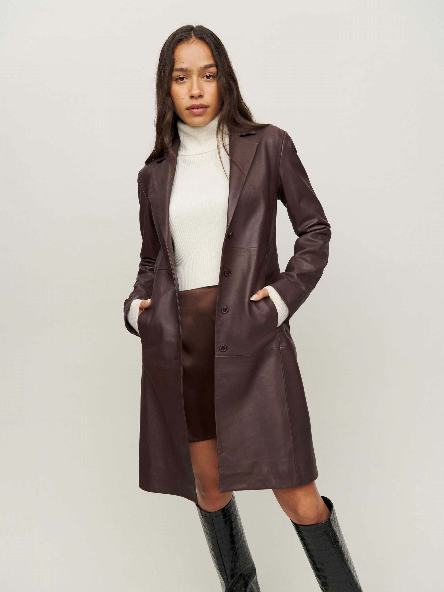 Women's Reformation Veda Crosby 90s Longline Leather Blazers Chocolate Brown | USA-584201