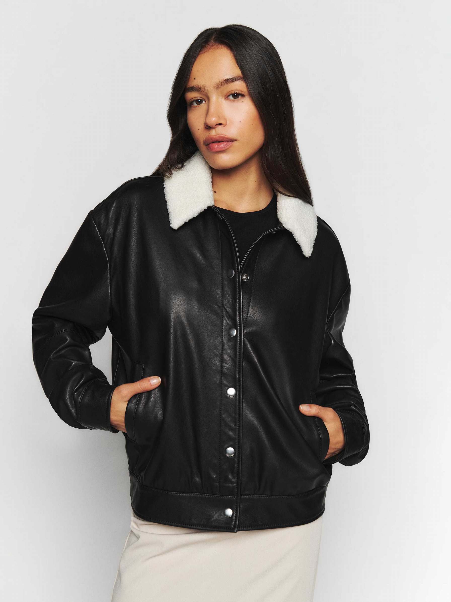 Women's Reformation Veda Hall Leather Bomber Jackets Black | USA-375460