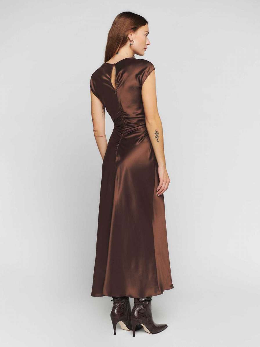 Women's Reformation Veida Silk Dress Coffee | USA-587346