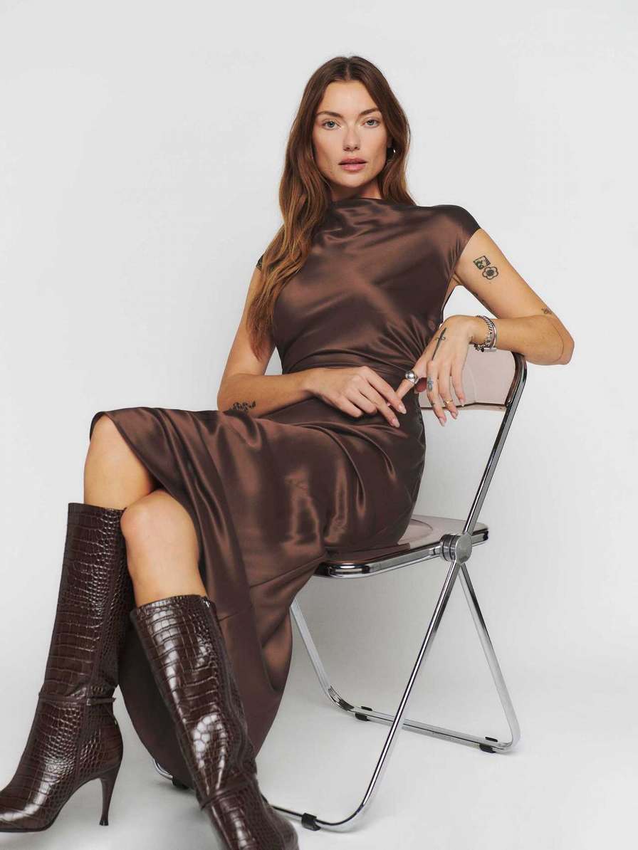 Women's Reformation Veida Silk Dress Coffee | USA-587346