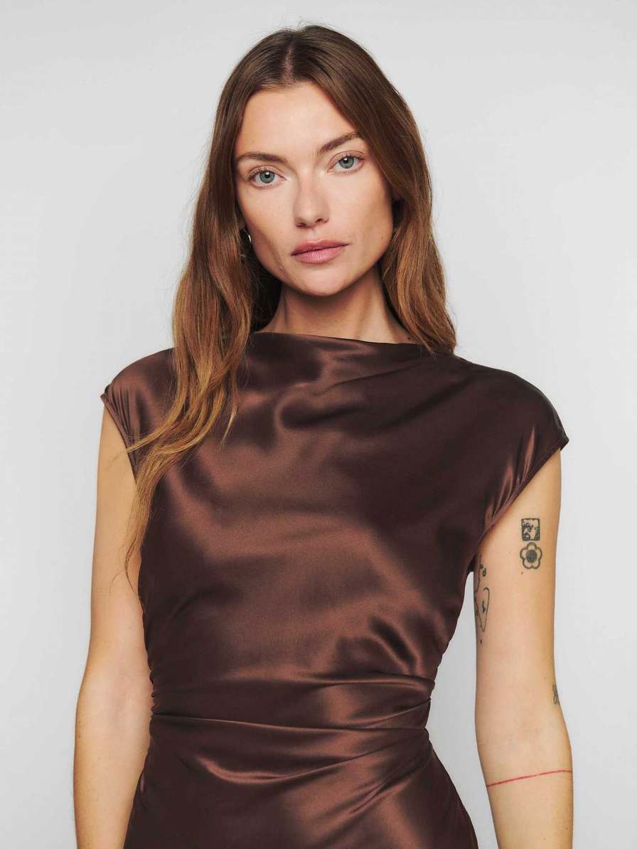 Women's Reformation Veida Silk Dress Coffee | USA-587346