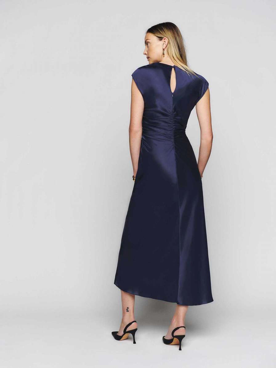 Women's Reformation Veida Silk Dress Navy | USA-578314