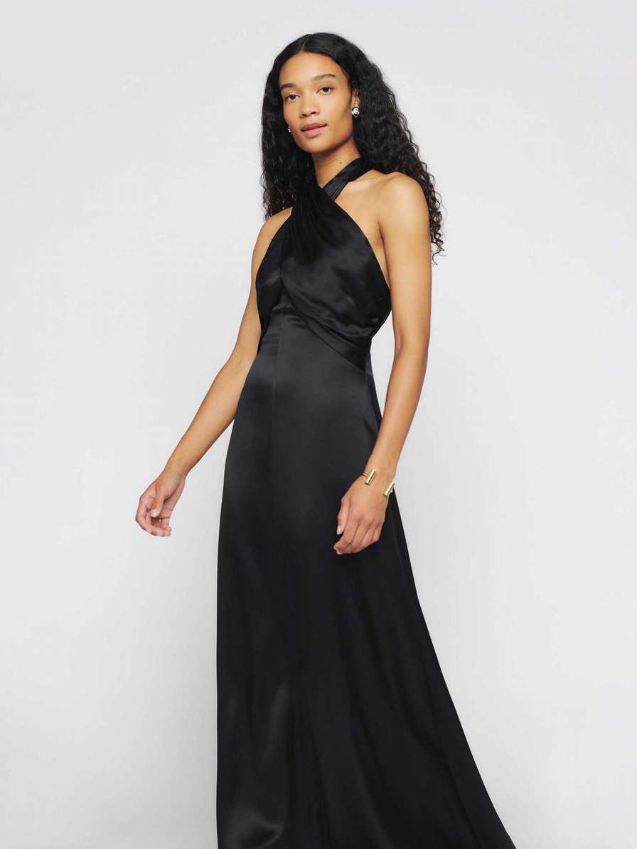 Women's Reformation Veria Silk Dress Black | USA-6730415