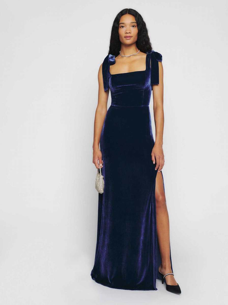 Women's Reformation Westerly Velvet Dress Navy | USA-1273604