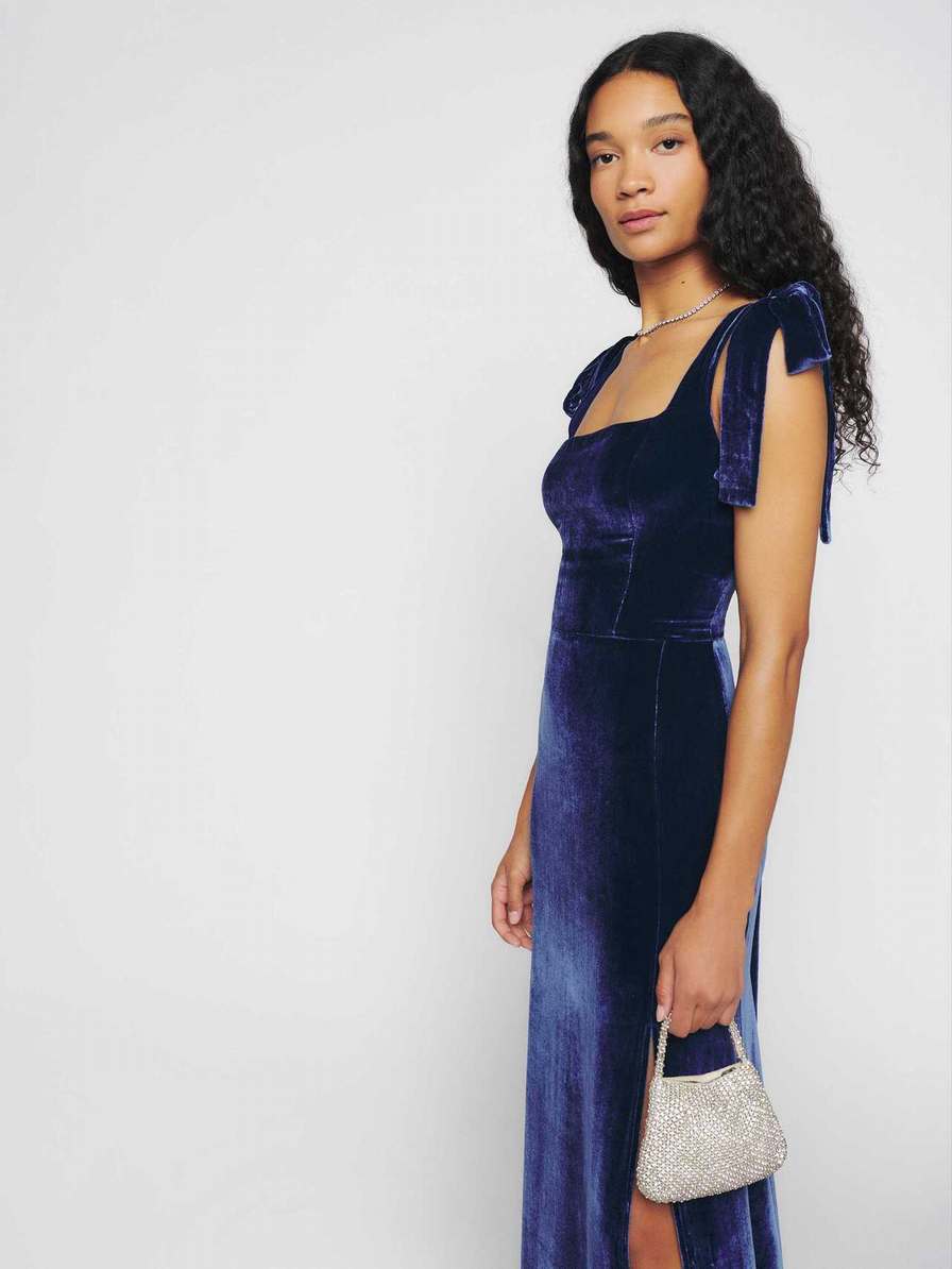 Women's Reformation Westerly Velvet Dress Navy | USA-1273604