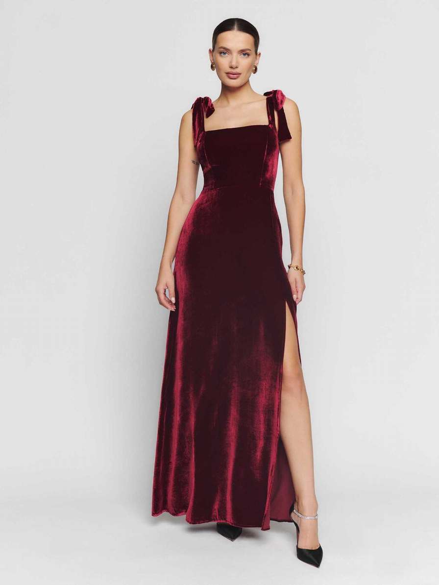 Women\'s Reformation Westerly Velvet Dress Burgundy | USA-375260