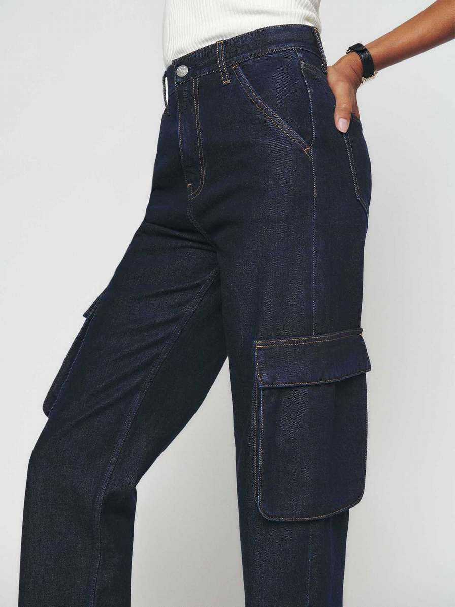 Women's Reformation Wilder Cargo High Rise Wide Leg Jeans Navy | USA-481527