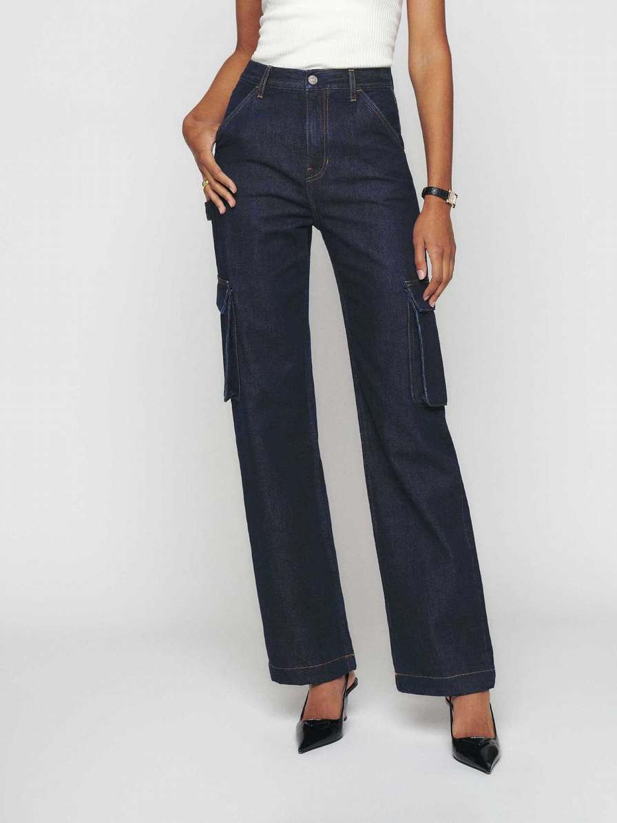 Women's Reformation Wilder Cargo High Rise Wide Leg Jeans Navy | USA-481527