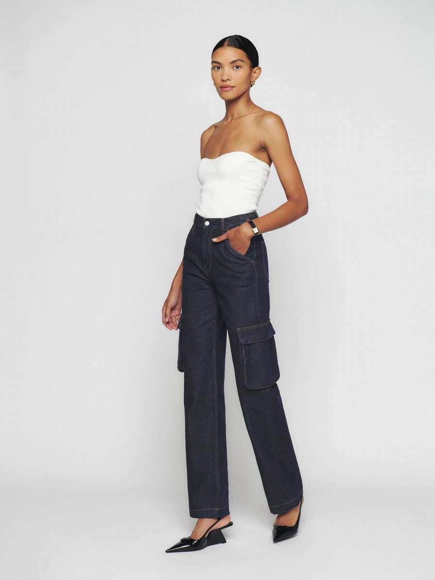 Women's Reformation Wilder Cargo High Rise Wide Leg Jeans Navy | USA-481527