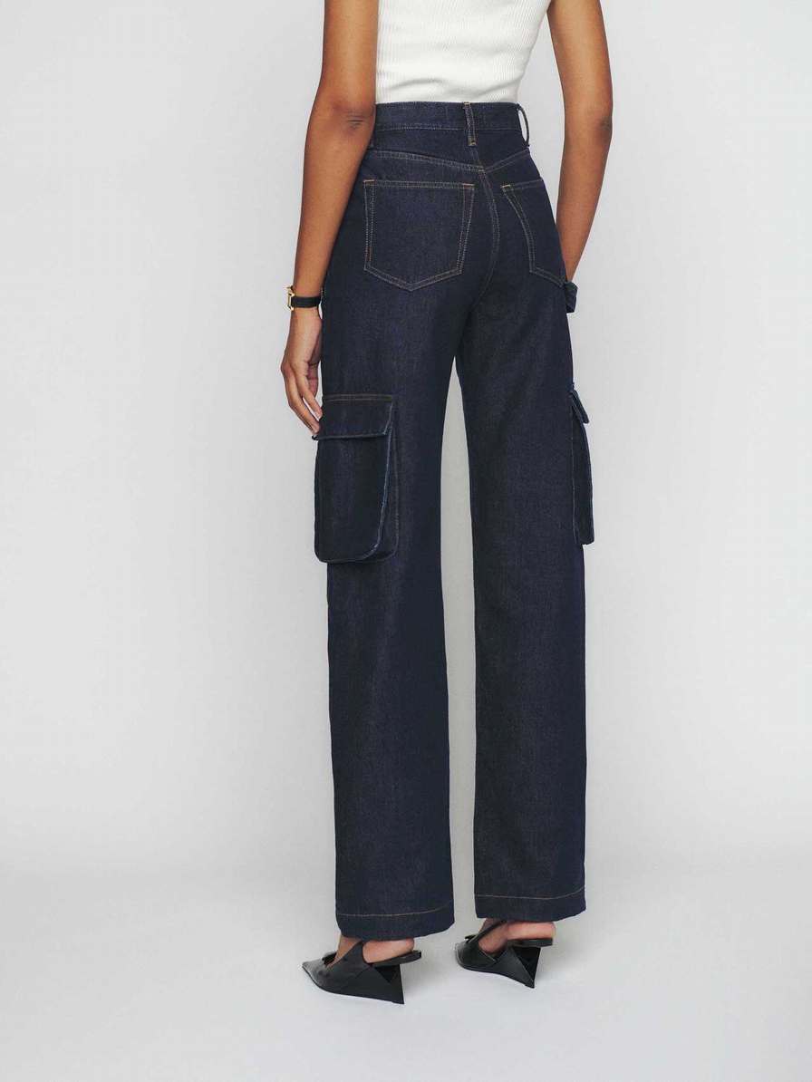 Women's Reformation Wilder Cargo High Rise Wide Leg Jeans Navy | USA-481527