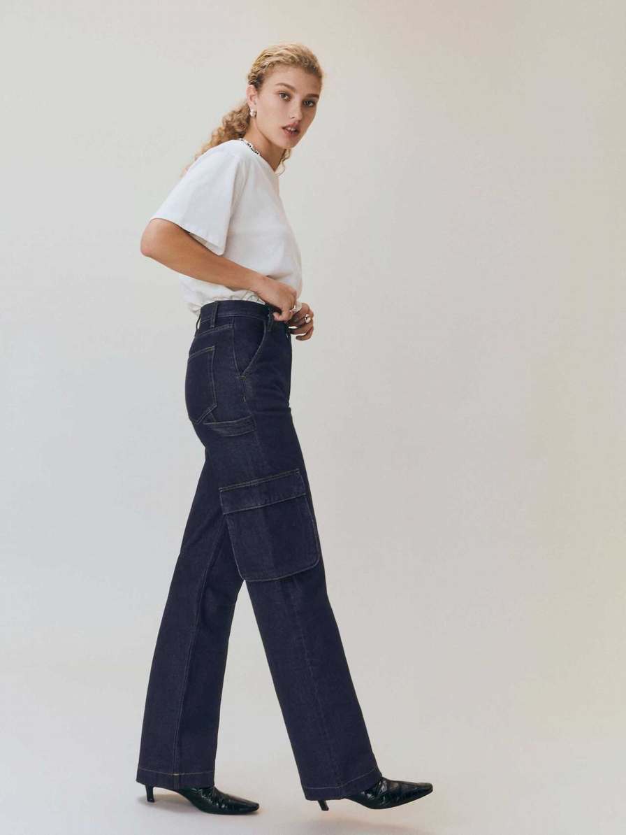 Women\'s Reformation Wilder Cargo High Rise Wide Leg Jeans Navy | USA-481527