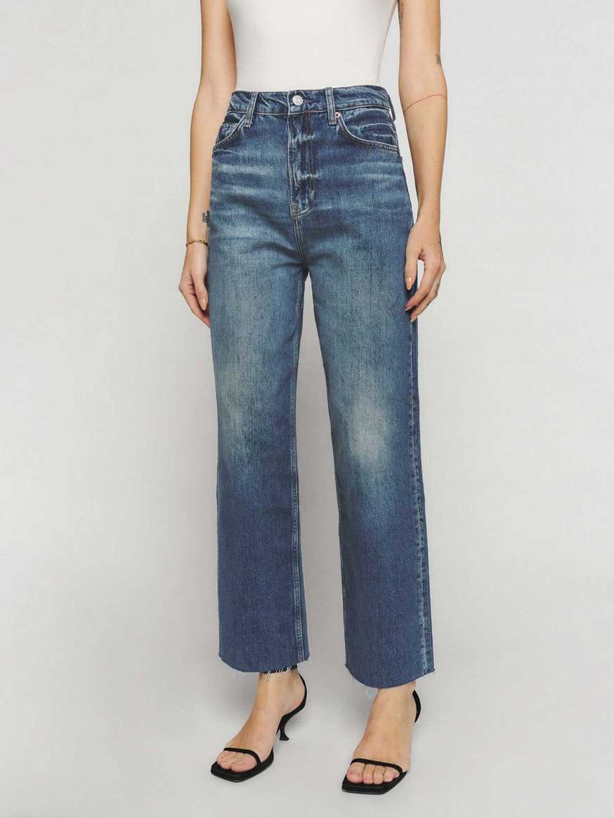 Women's Reformation Wilder High Rise Wide Leg Cropped Jeans Blue | USA-632087