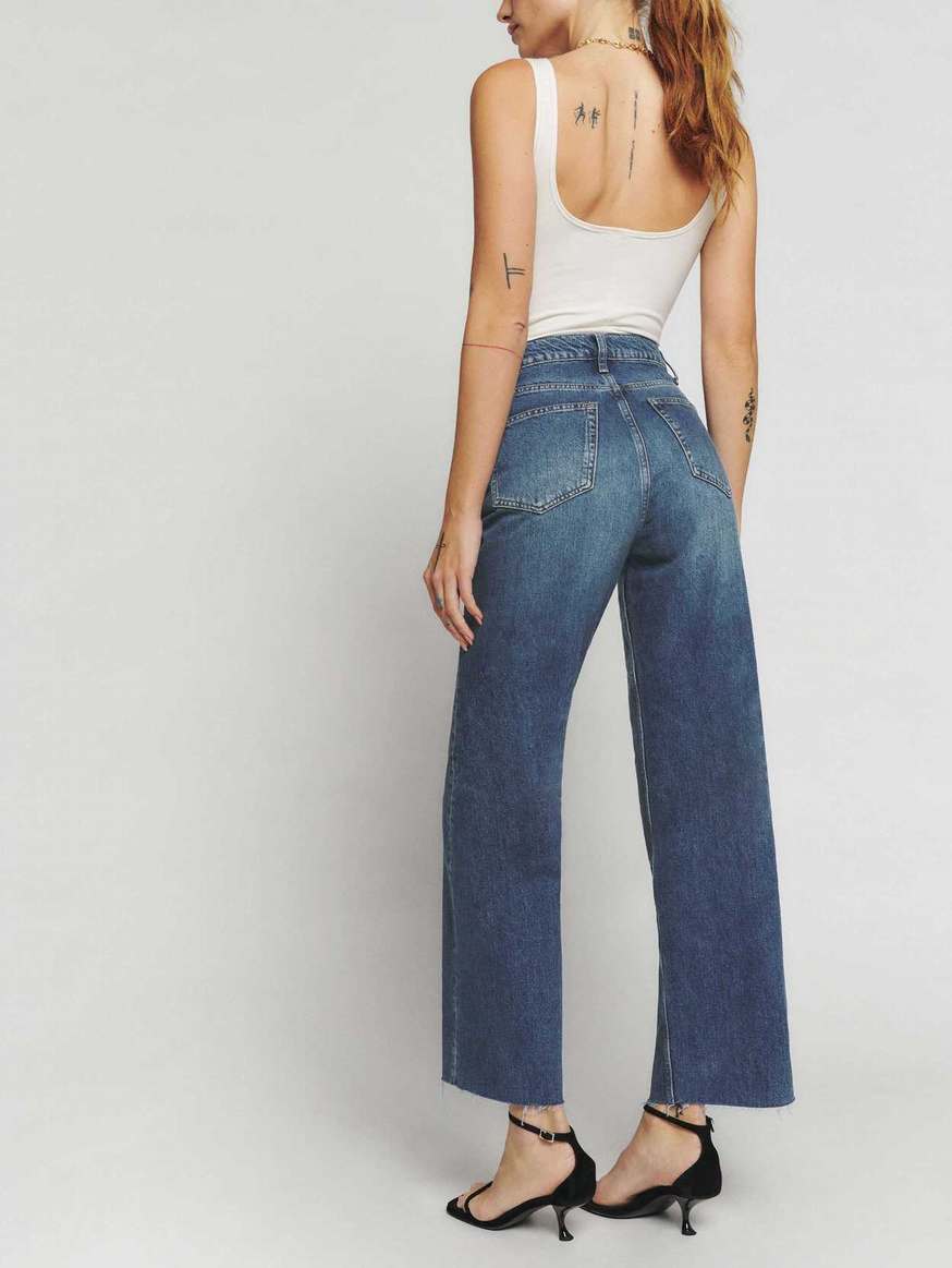 Women's Reformation Wilder High Rise Wide Leg Cropped Jeans Blue | USA-632087