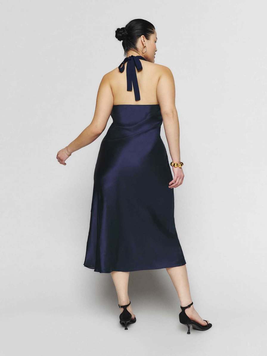 Women's Reformation Wyn Silk Dress Navy | USA-2476853