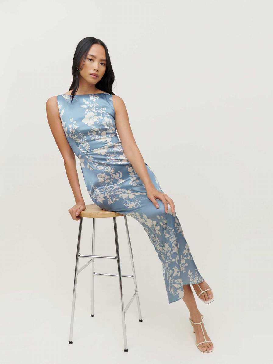 Women's Reformation Zya Silk Dress Light Blue | USA-4130658