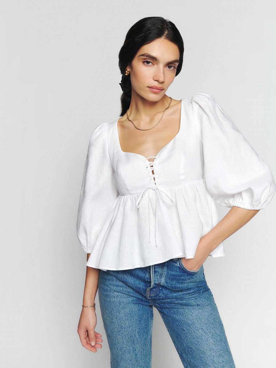 Women's Reformation Abigail Linen Tops White | USA-0257418