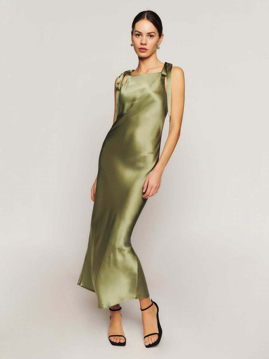 Women's Reformation Aden Silk Dress Dark Green | USA-8216573