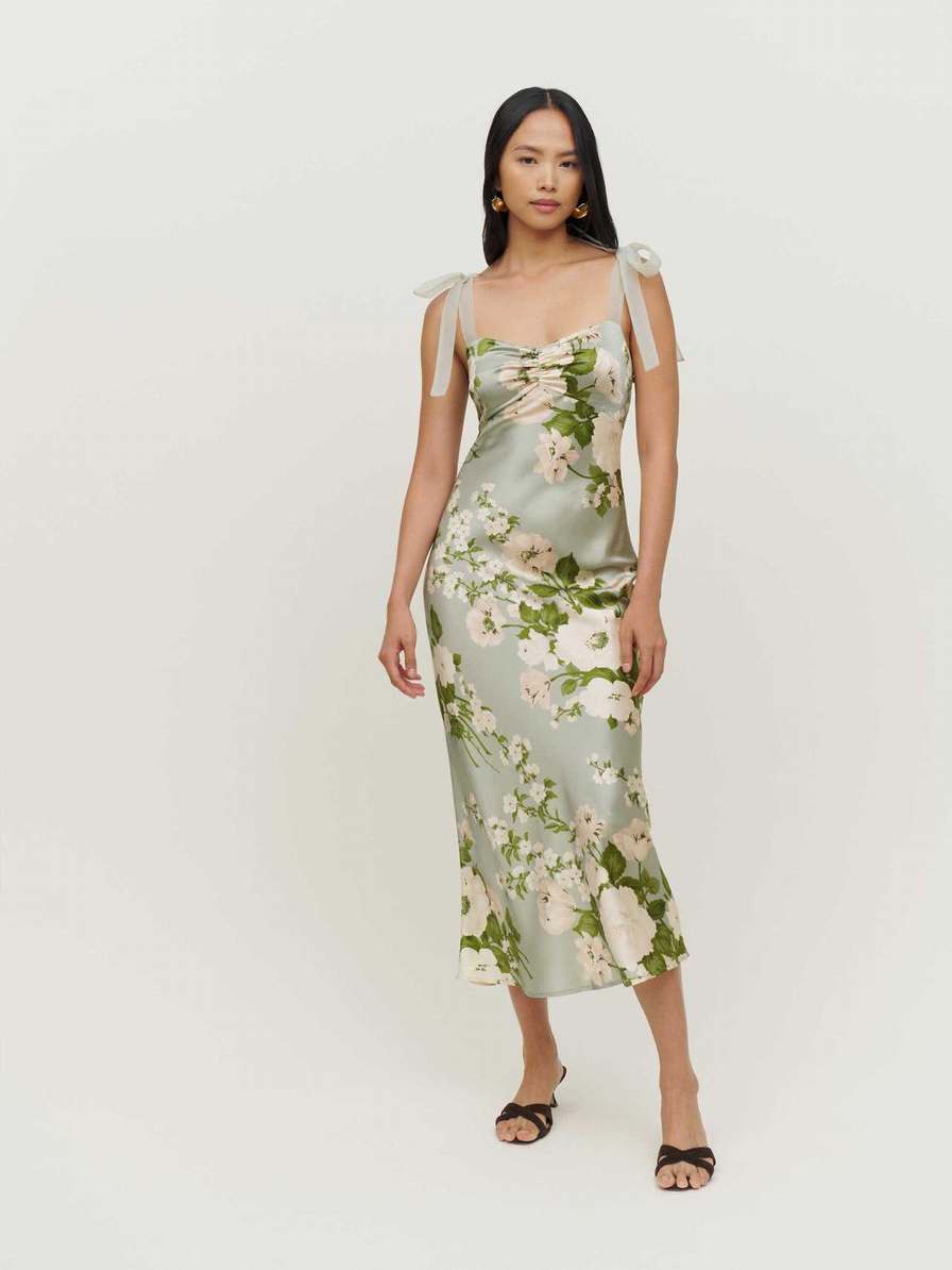 Women's Reformation Alene Silk Dress Olive | USA-0761584