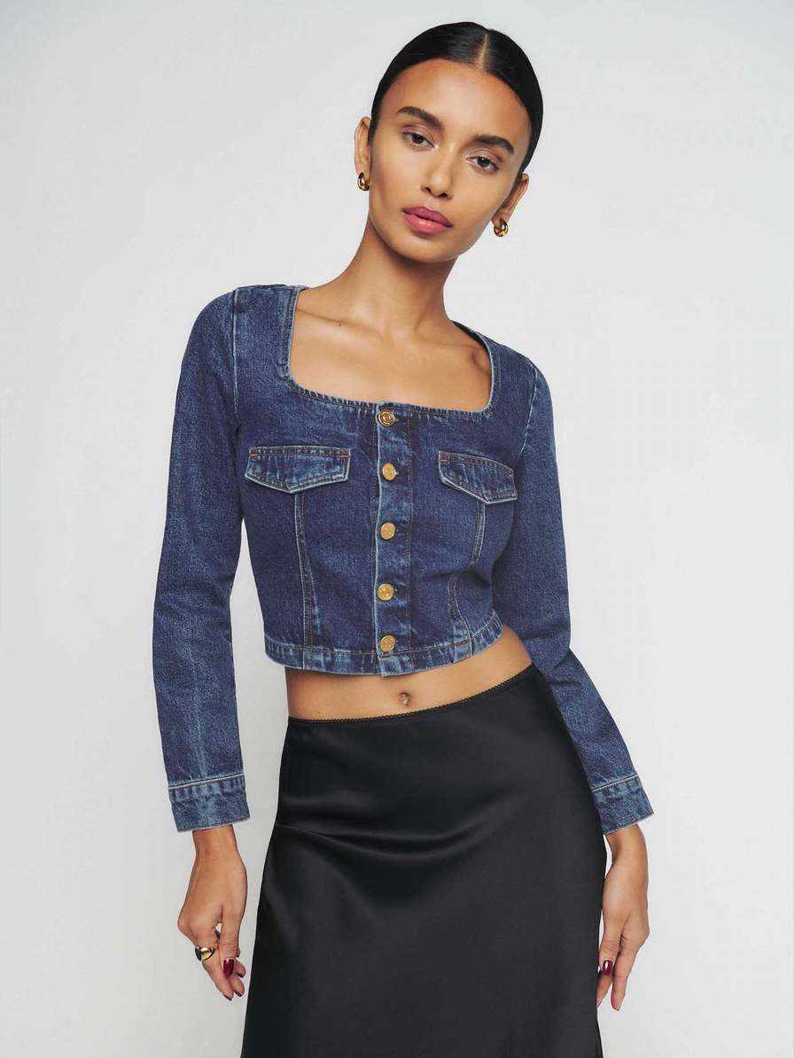 Women's Reformation Alina Denim Tops Blue | USA-2371460