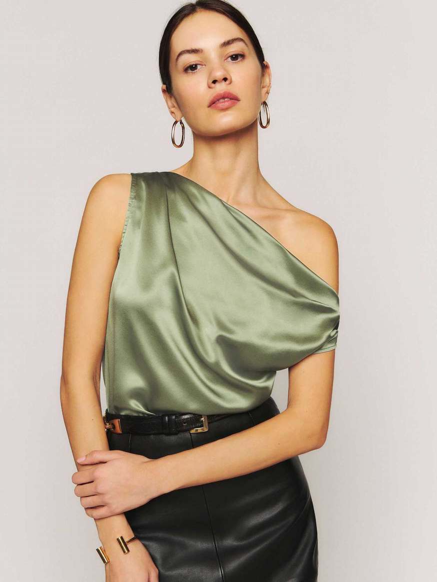 Women's Reformation Annika Silk Tops Dark Green | USA-684235