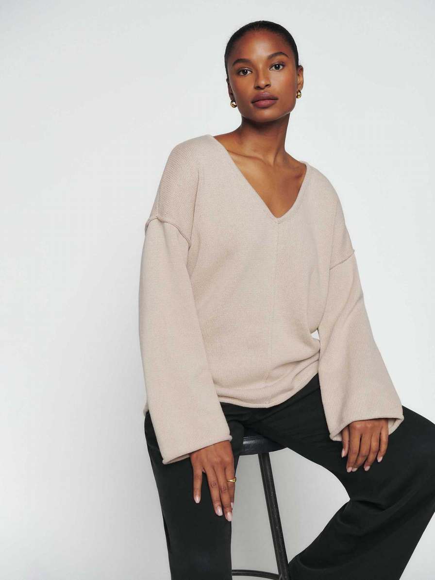 Women's Reformation Billie Cotton V-Neck Sweater Beige | USA-730826