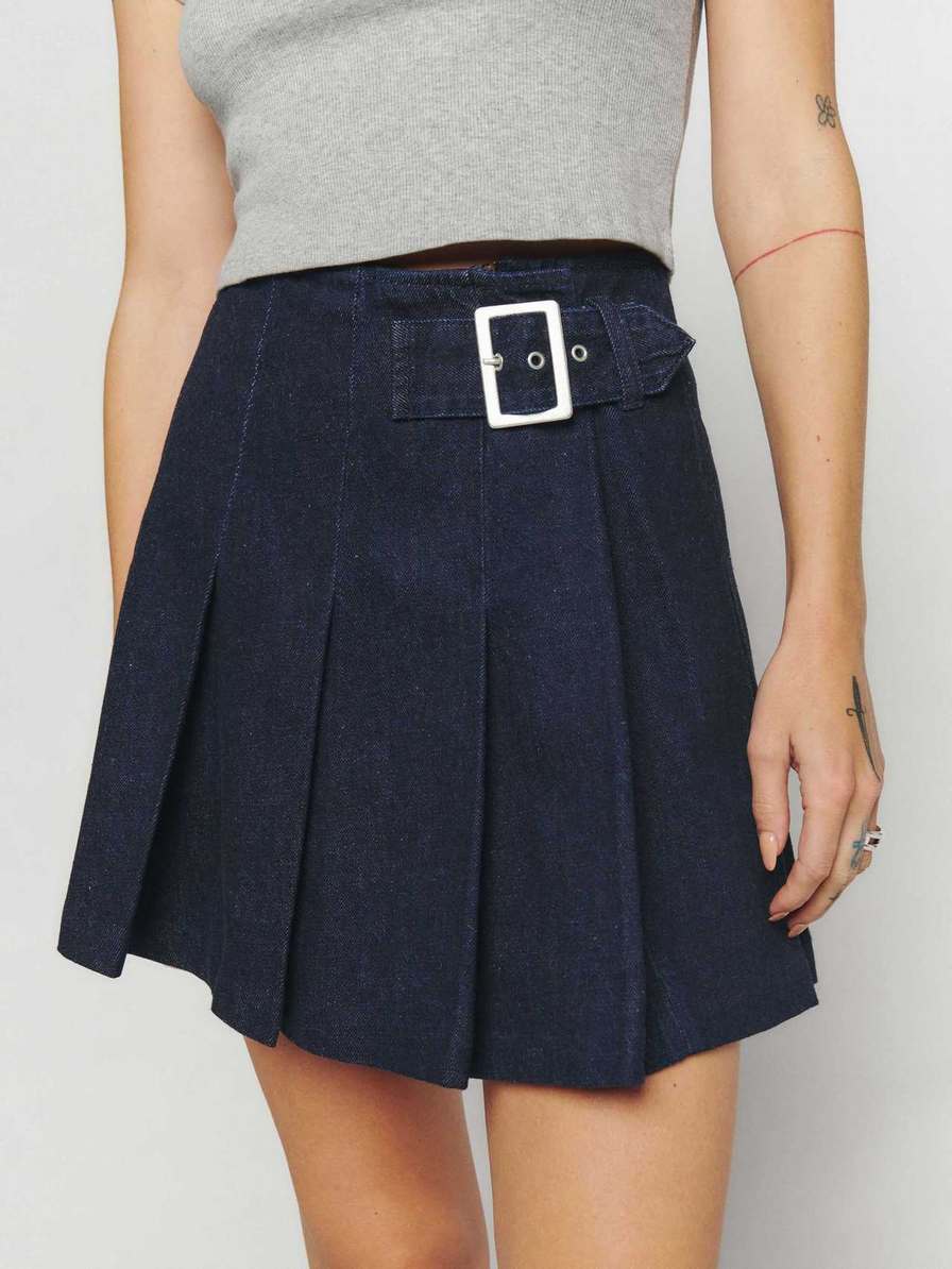 Women's Reformation Billie Pleated Denim Mini Skirts Navy | USA-0214856