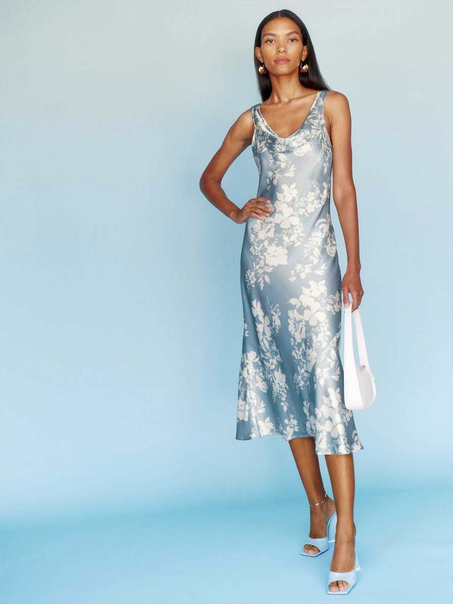 Women's Reformation Bryn Silk Dress Light Blue | USA-314650