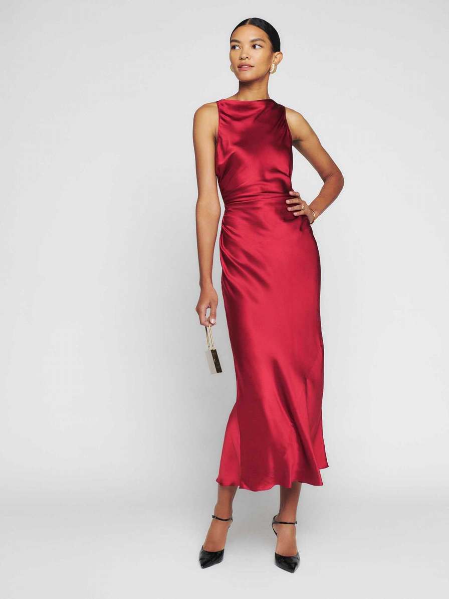 Women's Reformation Casette Silk Dress Red | USA-783502