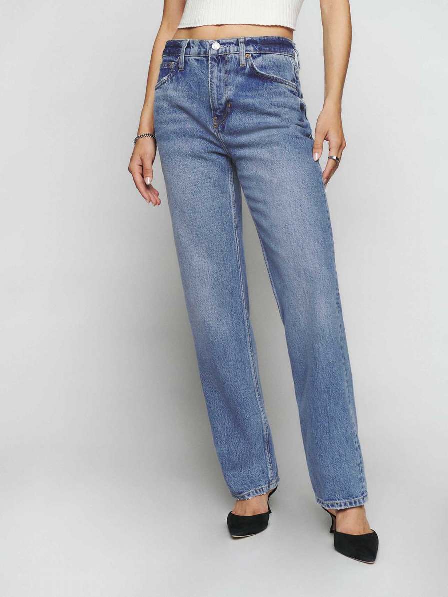 Women's Reformation Casey Mid Rise Relaxed Straight Jeans Azure | USA-265703